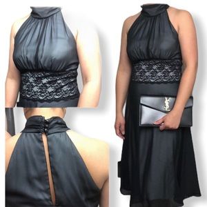 Connected Apparel Black/Blue High Neck Laced Chiffon Midi Dress Size 6